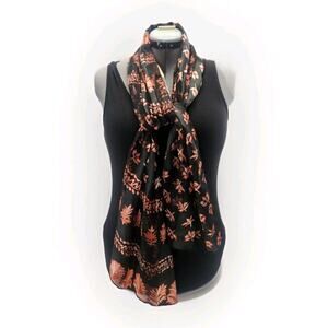 Vintage Floral Black Red Silky Striped Scarf Polyester Sheer Oblong Shawl 21x64"
